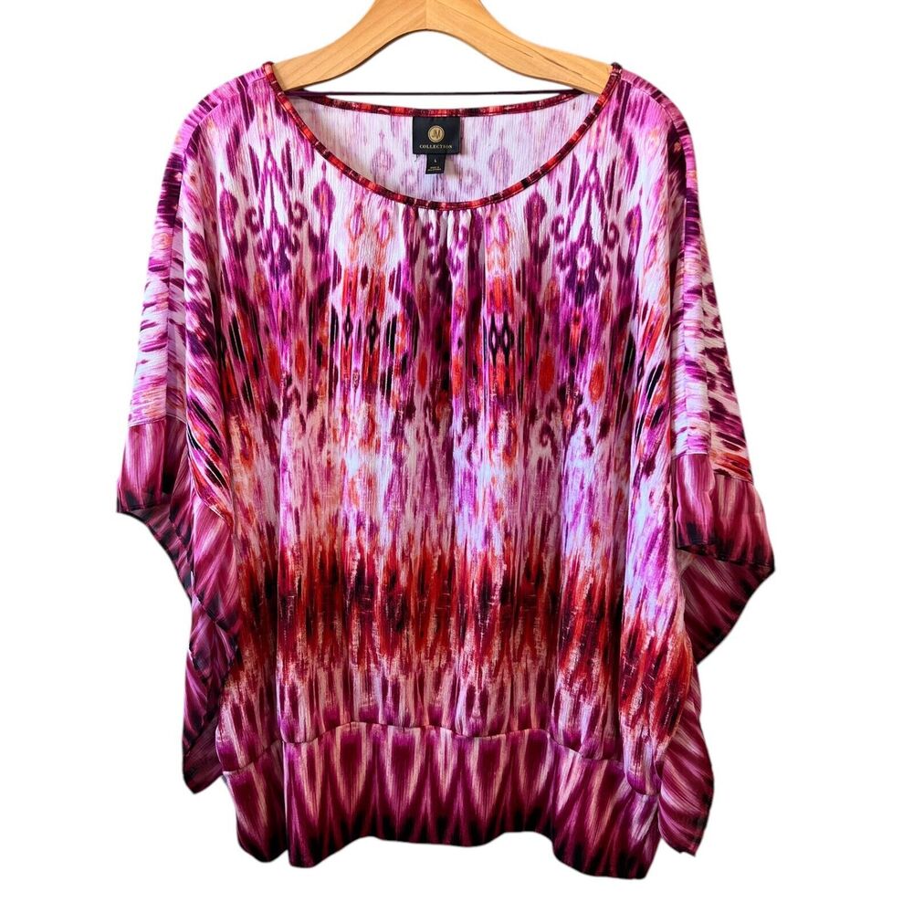JM Collection Ikat Blouse Womens Sz. Large Pink‎ Poncho Short Sleeve Stretch